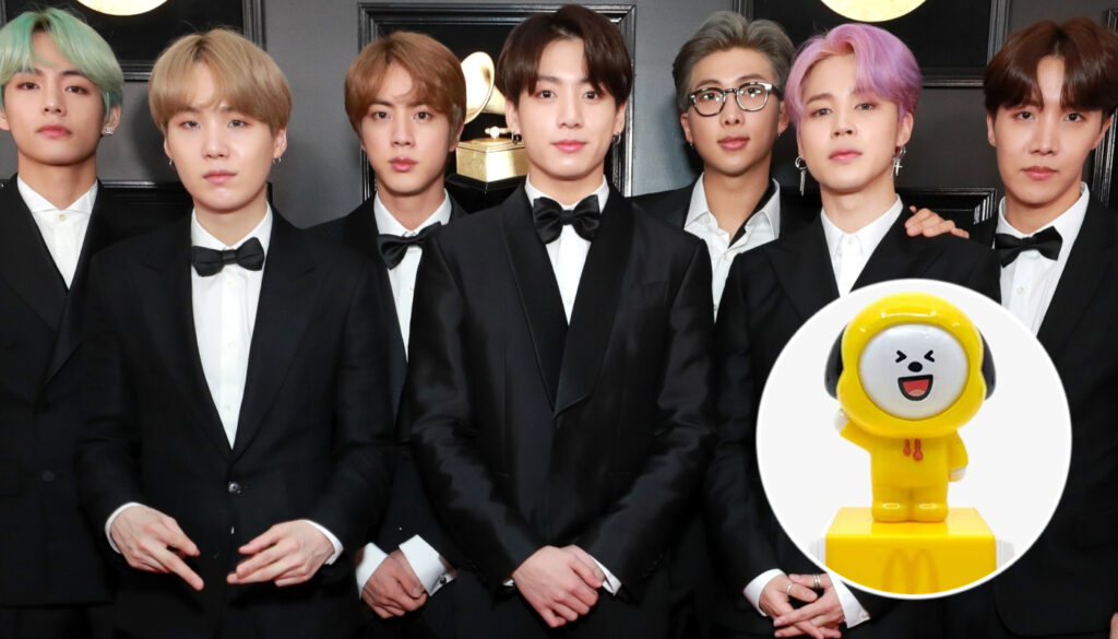 Grupo de k-pop BTS e uma das miniaturas do BTS no Mc (Crédito: Rich Fury/Getty Images for The Recording Academy | Divulgação/McDonald's)
