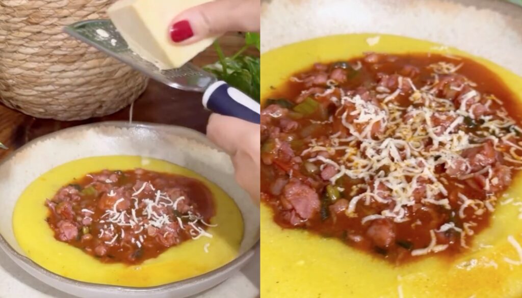 Polenta cremosa com ragu de linguiça (Crédito: Reprodução/Instagram @saboresqueguardei)