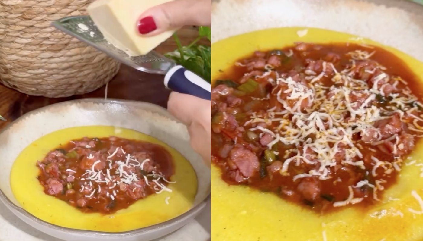 Polenta cremosa com ragu de linguiça (Crédito: Reprodução/Instagram @saboresqueguardei)