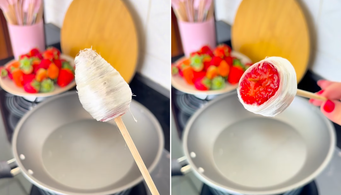 Derreter o marshmallow na frigideira rende uma sobremesa diferente com morango